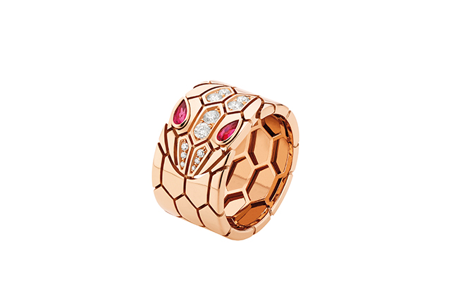 Serpenti pink gold band ring with rubellite eyes and pavé-set head