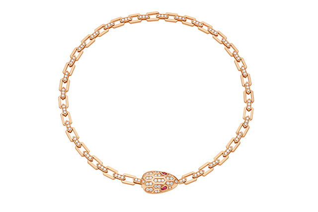 Serpenti pink gold collar with rubellite eyes and pavé-set head and chain