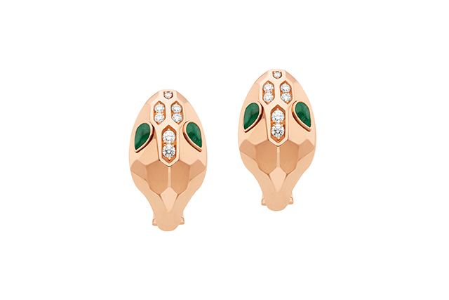 Serpenti pink gold earrings with malachite eyes and pavé-set head